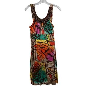Janette Womens Abstract‎ Geometric Boho Sleeveless Dress Wood Button Detail 38L